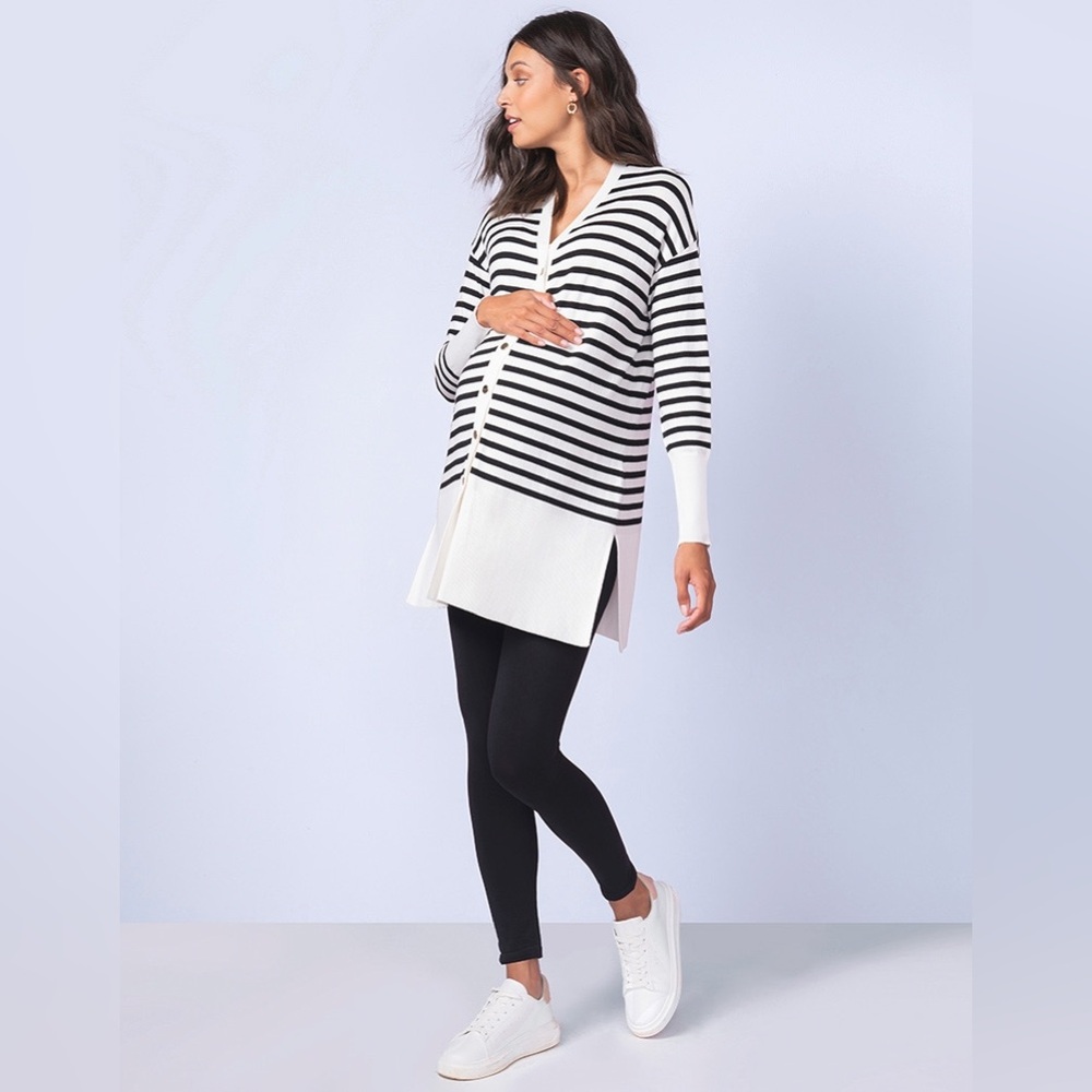 Seraphine Long-Line Striped Maternity Cardigan Black and White - Size S